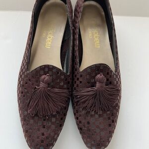 MAGDESIANS  SHOES - BROWN CHECKERS TASSELS- 3/4" HEEL PUMPS - SIZE:  8 1…